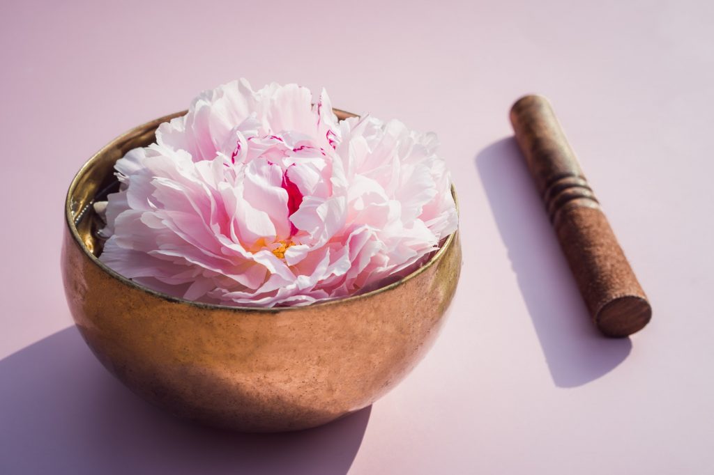 Close up Tibetan singing bowl with floating inside in water pink peony flower on the pink background